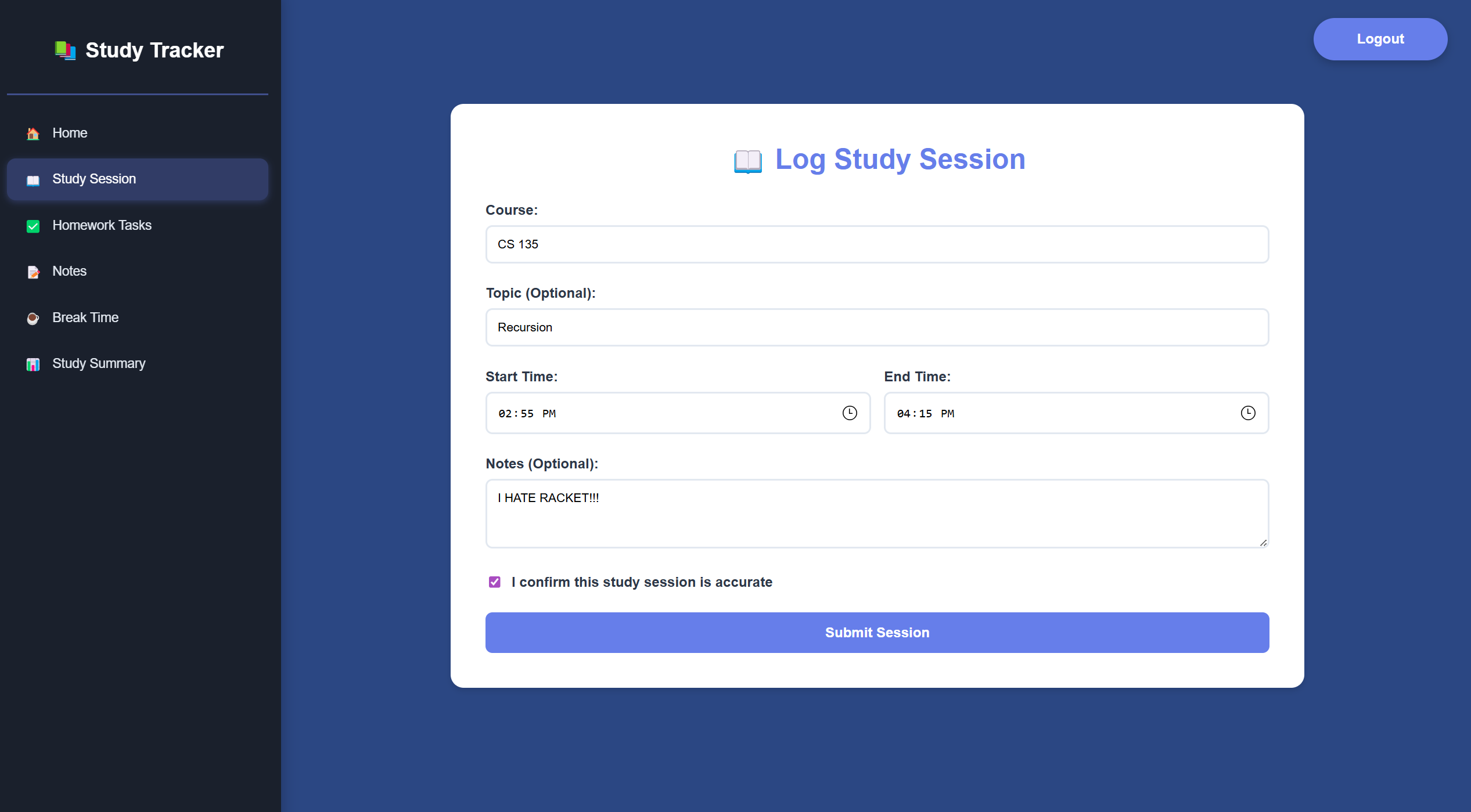 Study Tracker Session